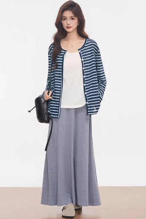 Striped Knitted Cardigan Skirt Set-Up