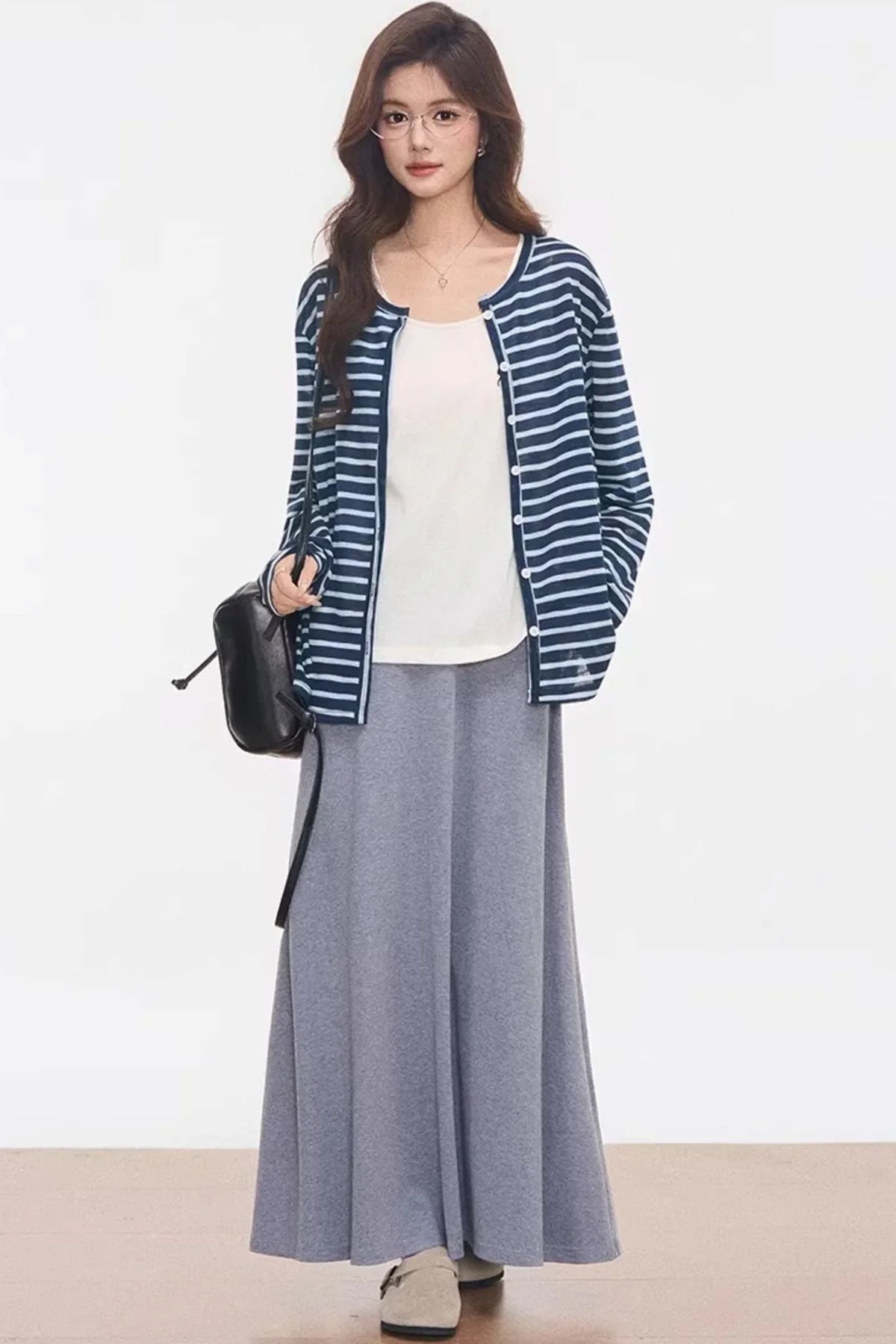 Striped Knitted Cardigan Skirt Set-Up