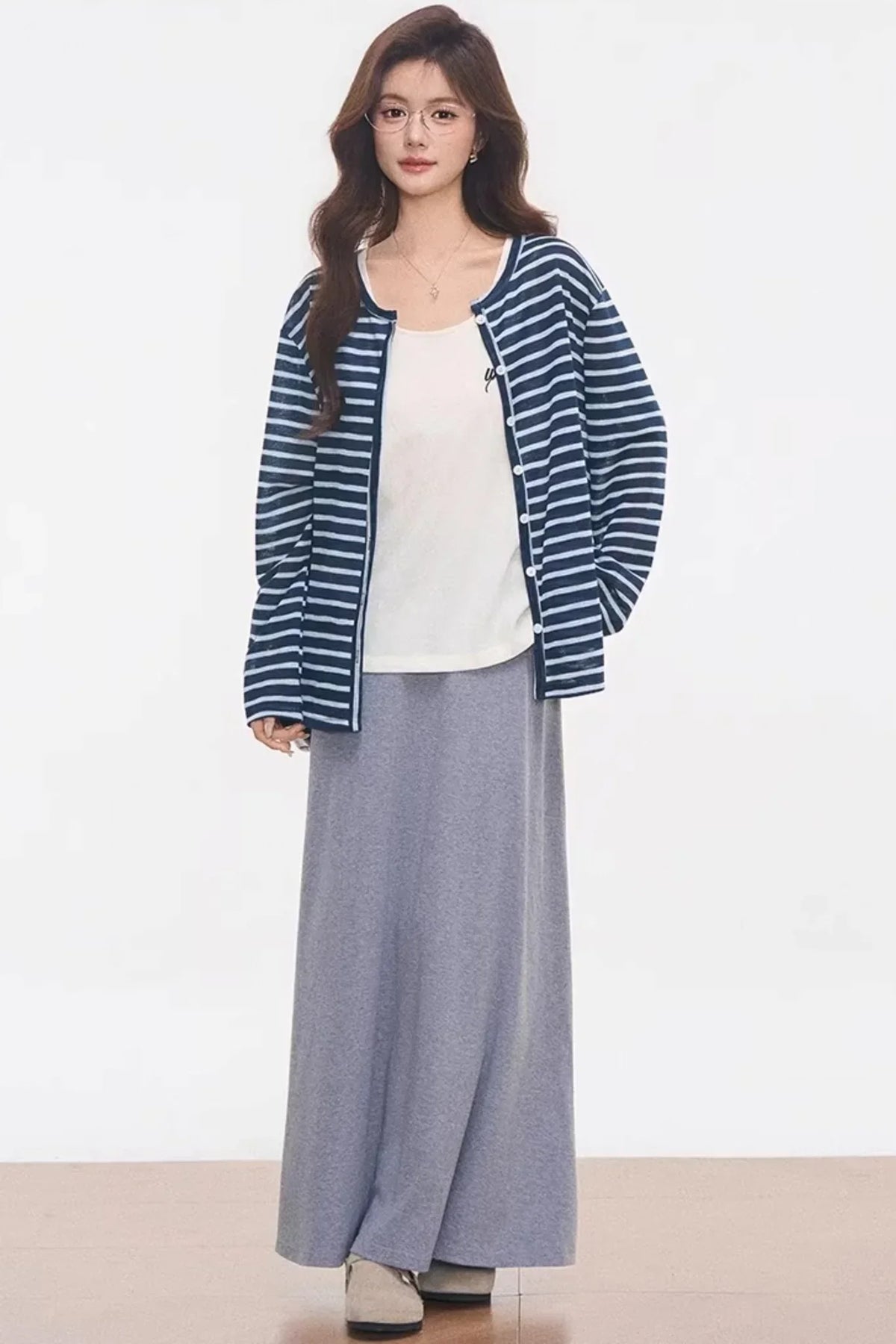 Striped Knitted Cardigan Skirt Set-Up