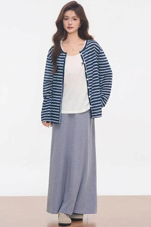Striped Knitted Cardigan Skirt Set-Up