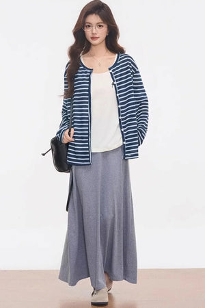 Striped Knitted Cardigan Skirt Set-Up
