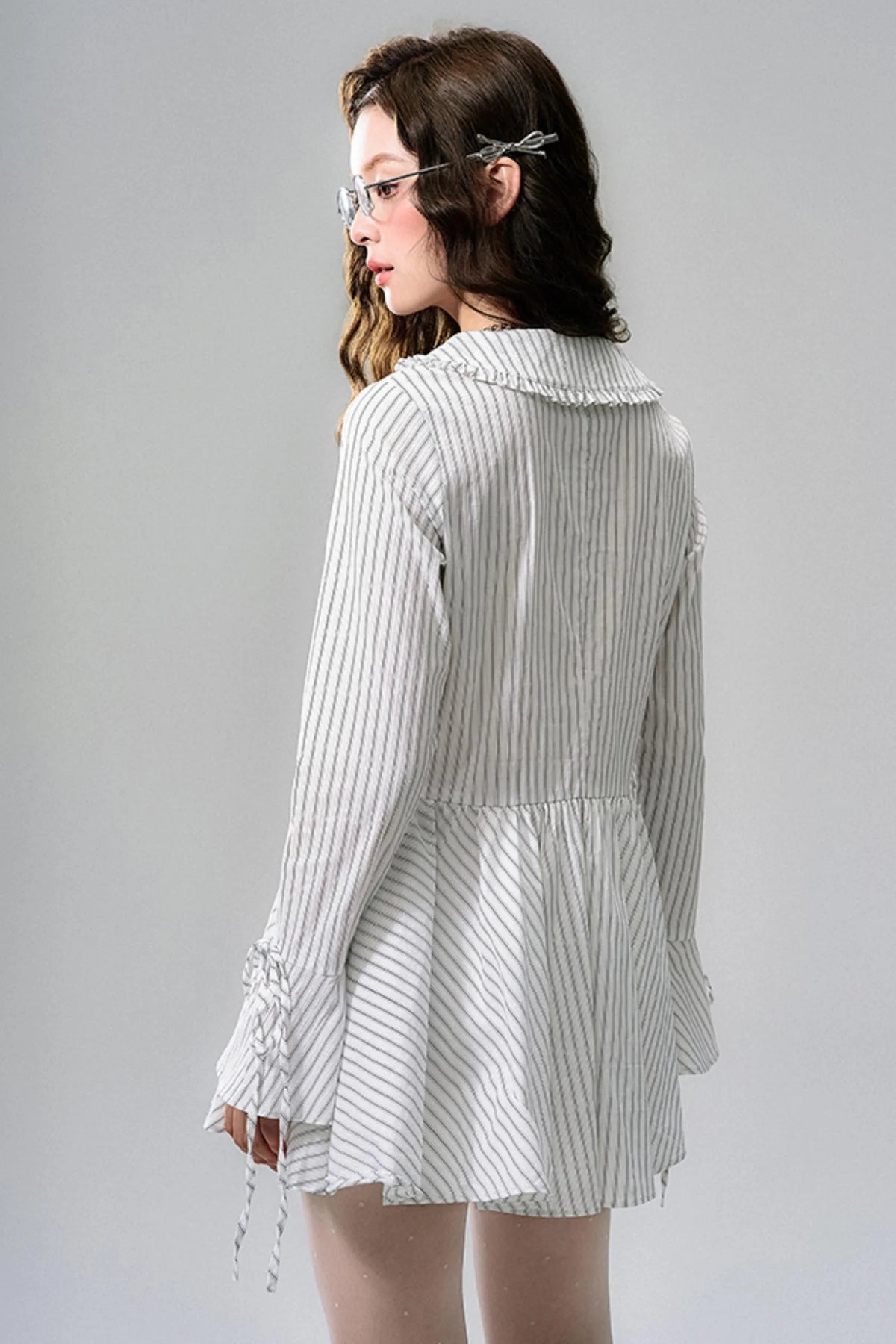 Striped Lace Bow Tie Long Sleeve Dress