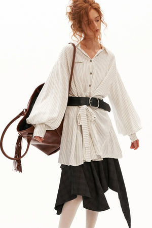 Striped Lantern Sleeve Tie Belt Shirt