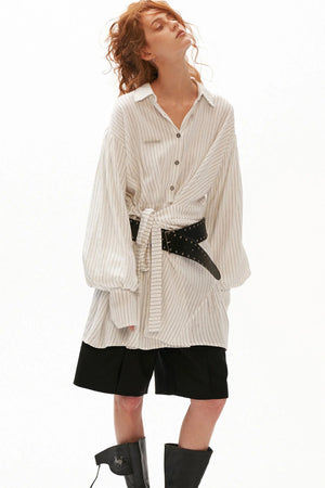 Striped Lantern Sleeve Tie Belt Shirt