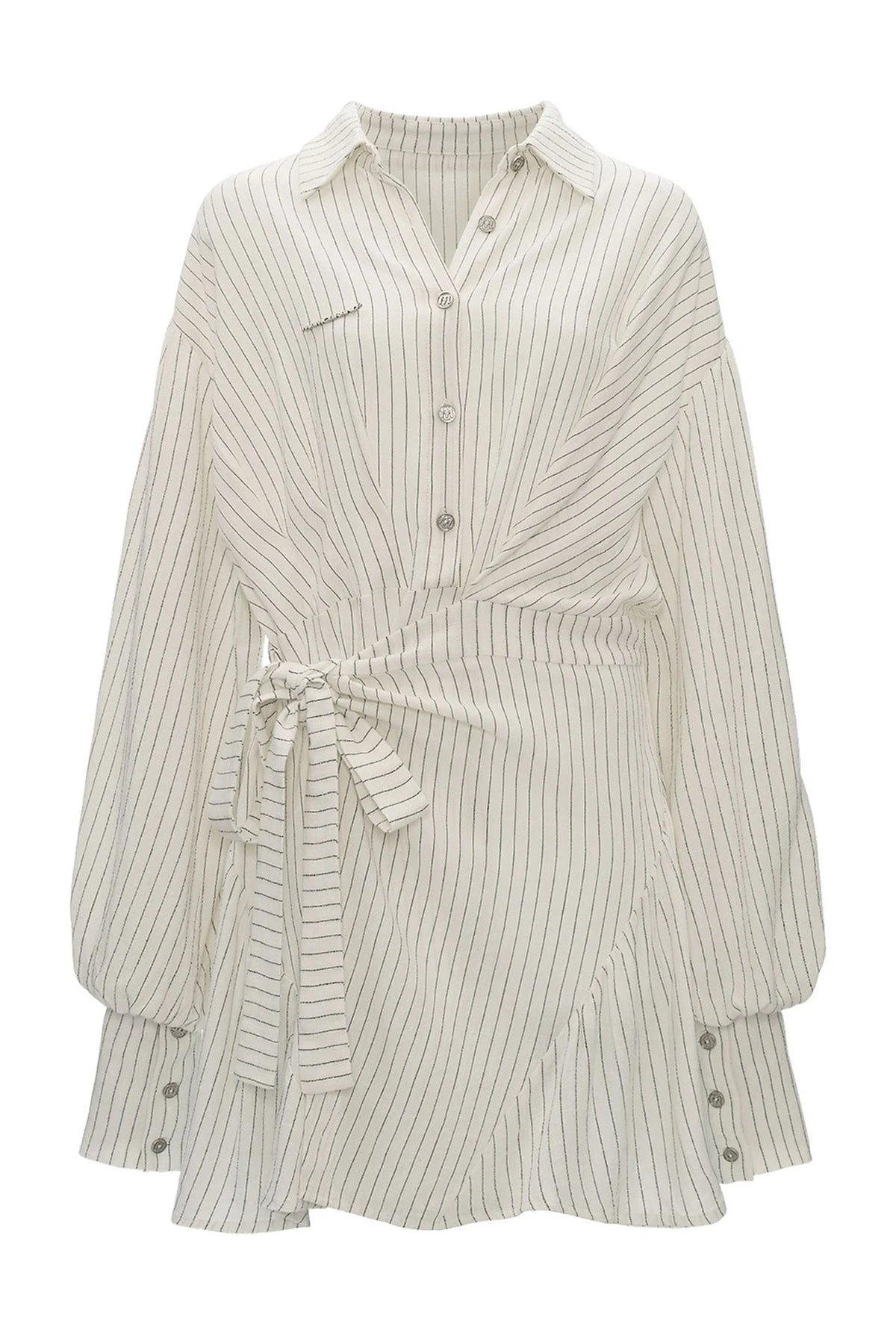 Striped Lantern Sleeve Tie Belt Shirt