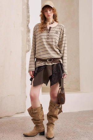 Striped Loose Crew Neck Embroidered T-Shirt