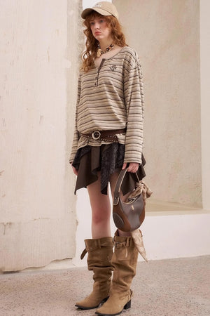 Striped Loose Crew Neck Embroidered T-Shirt
