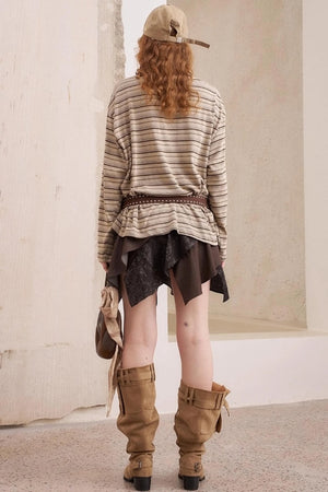 Striped Loose Crew Neck Embroidered T-Shirt