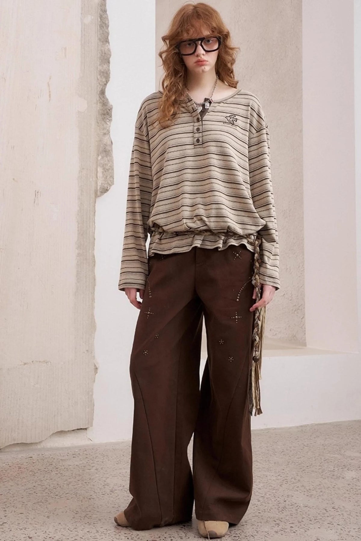 Striped Loose Crew Neck Embroidered T-Shirt