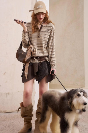 Striped Loose Crew Neck Embroidered T-Shirt