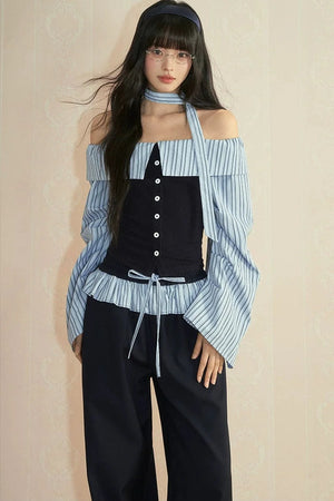 Striped Off-Shoulder Long Sleeve Tube Top and Wide Leg Pants Set