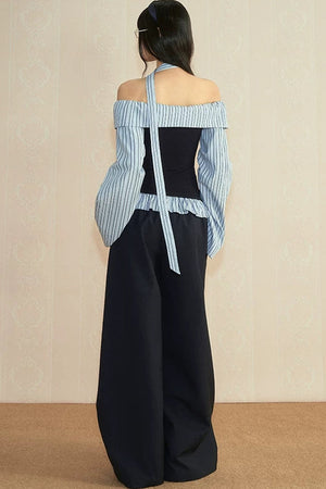 Striped Off-Shoulder Long Sleeve Tube Top and Wide Leg Pants Set