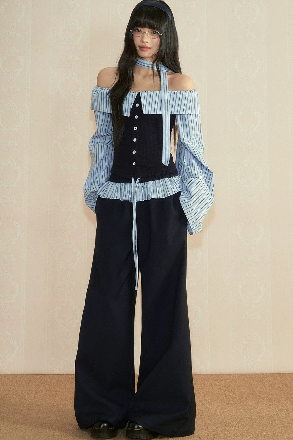 Striped Off-Shoulder Long Sleeve Tube Top and Wide Leg Pants Set