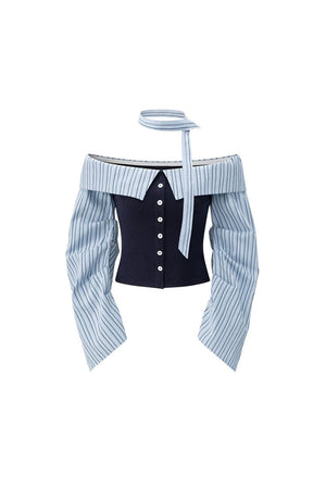 Striped Off-Shoulder Long Sleeve Tube Top and Wide Leg Pants Set