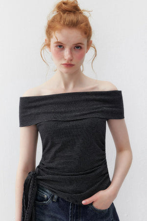 Striped Off-Shoulder Short-Sleeve Ruched Tie-Up Top