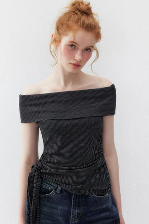 Striped Off-Shoulder Short-Sleeve Ruched Tie-Up Top