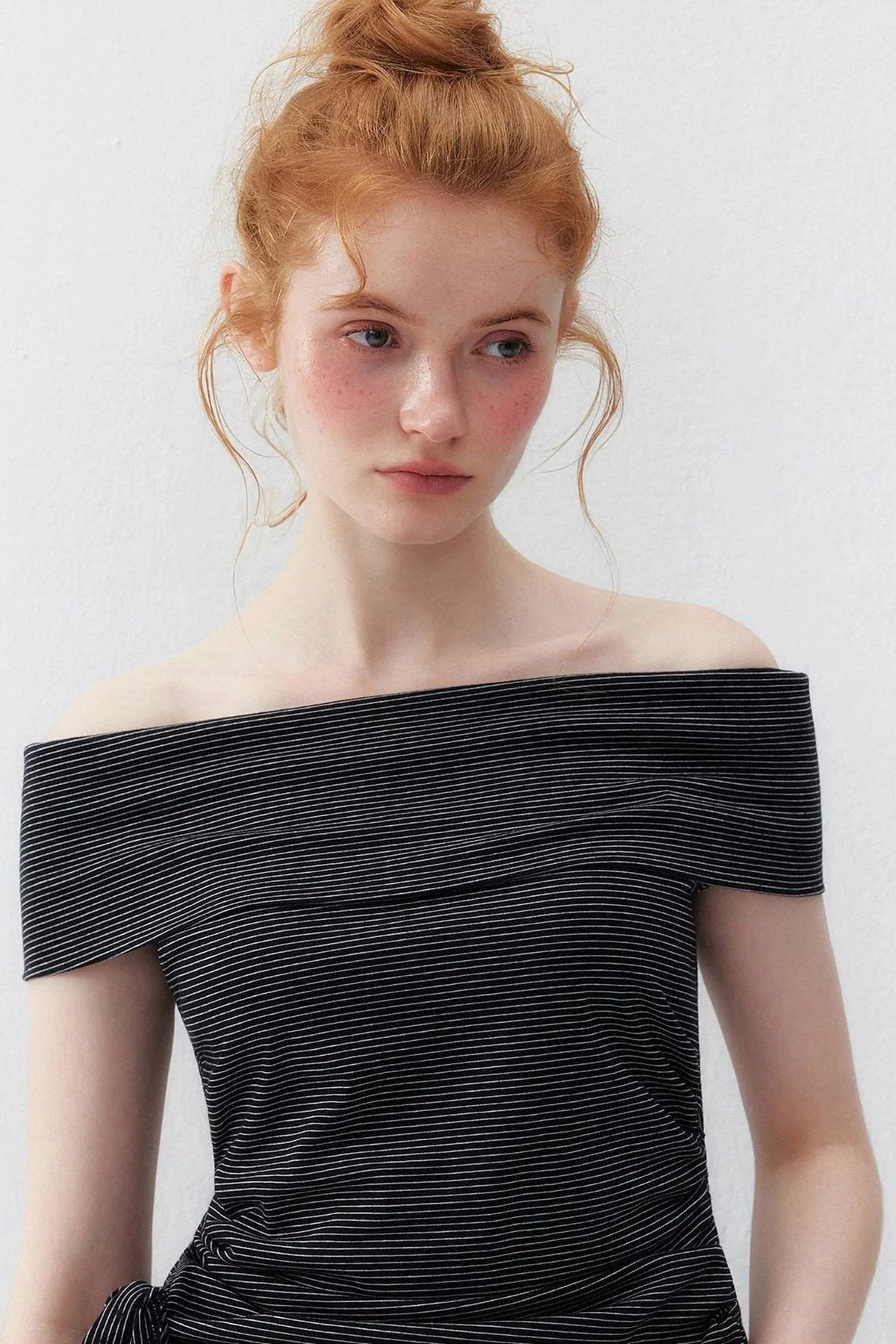 Striped Off-Shoulder Short-Sleeve Ruched Tie-Up Top
