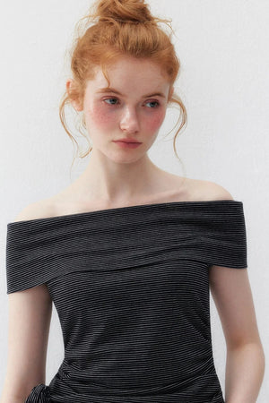 Striped Off-Shoulder Short-Sleeve Ruched Tie-Up Top