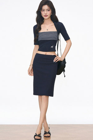 Striped Patchwork Knitted Top and Skirt Set-Up