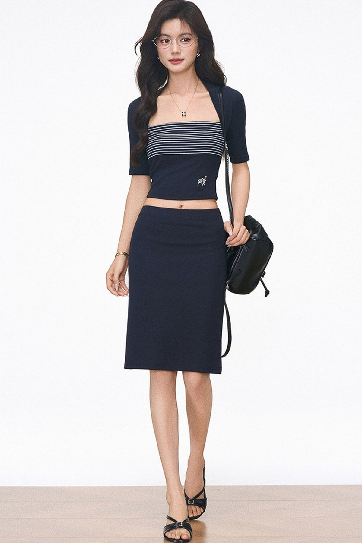 Striped Patchwork Knitted Top and Skirt Set-Up