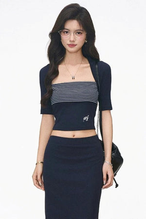 Striped Patchwork Knitted Top and Skirt Set-Up