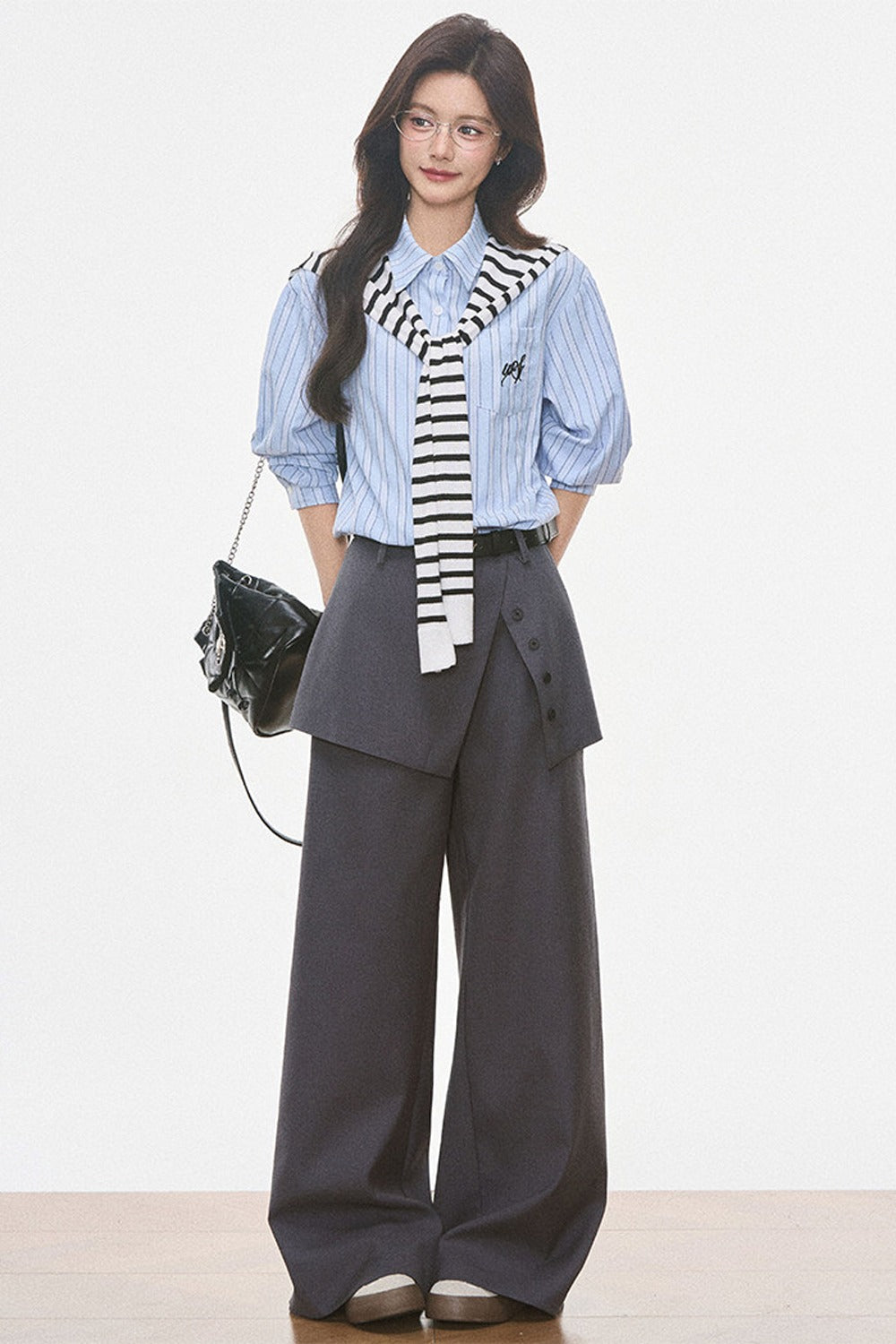 Striped Shirt With Wide-Leg Pants Set-Up