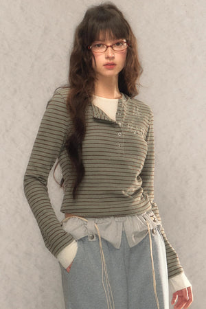 Striped Short Slim Long-Sleeved Top