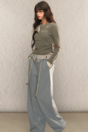 Striped Short Slim Long-Sleeved Top
