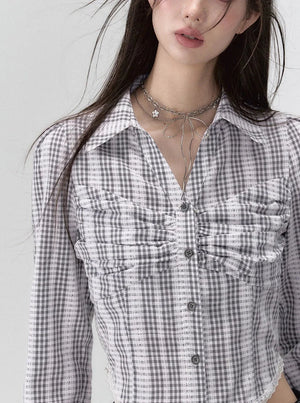 Striped slim fit cropped pleated shirt
