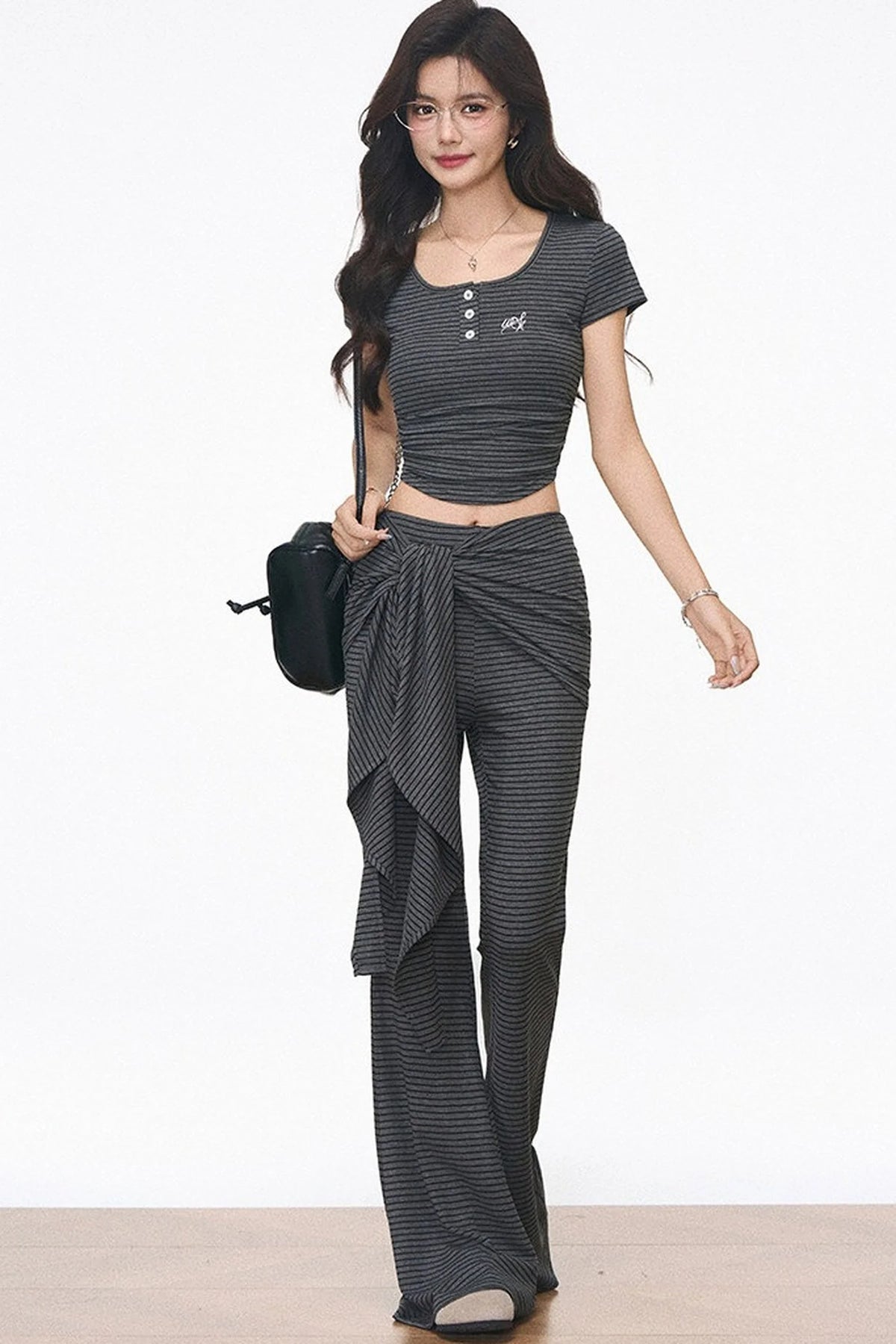 Striped Slim-Fit T-Shirt and Flared Pants Set-Up