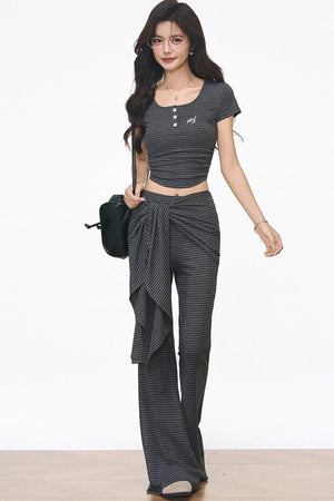 Striped Slim-Fit T-Shirt and Flared Pants Set-Up