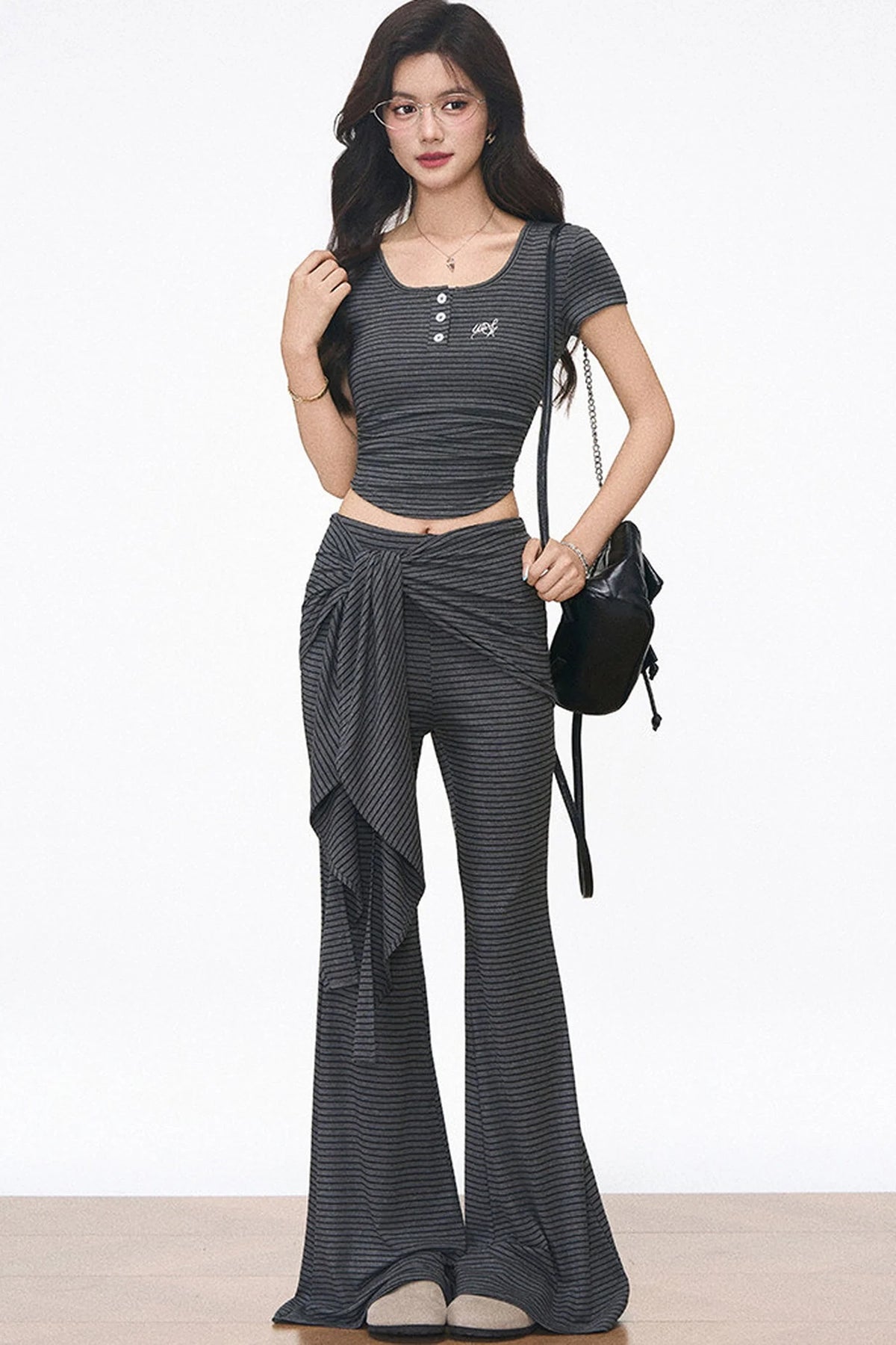 Striped Slim-Fit T-Shirt and Flared Pants Set-Up
