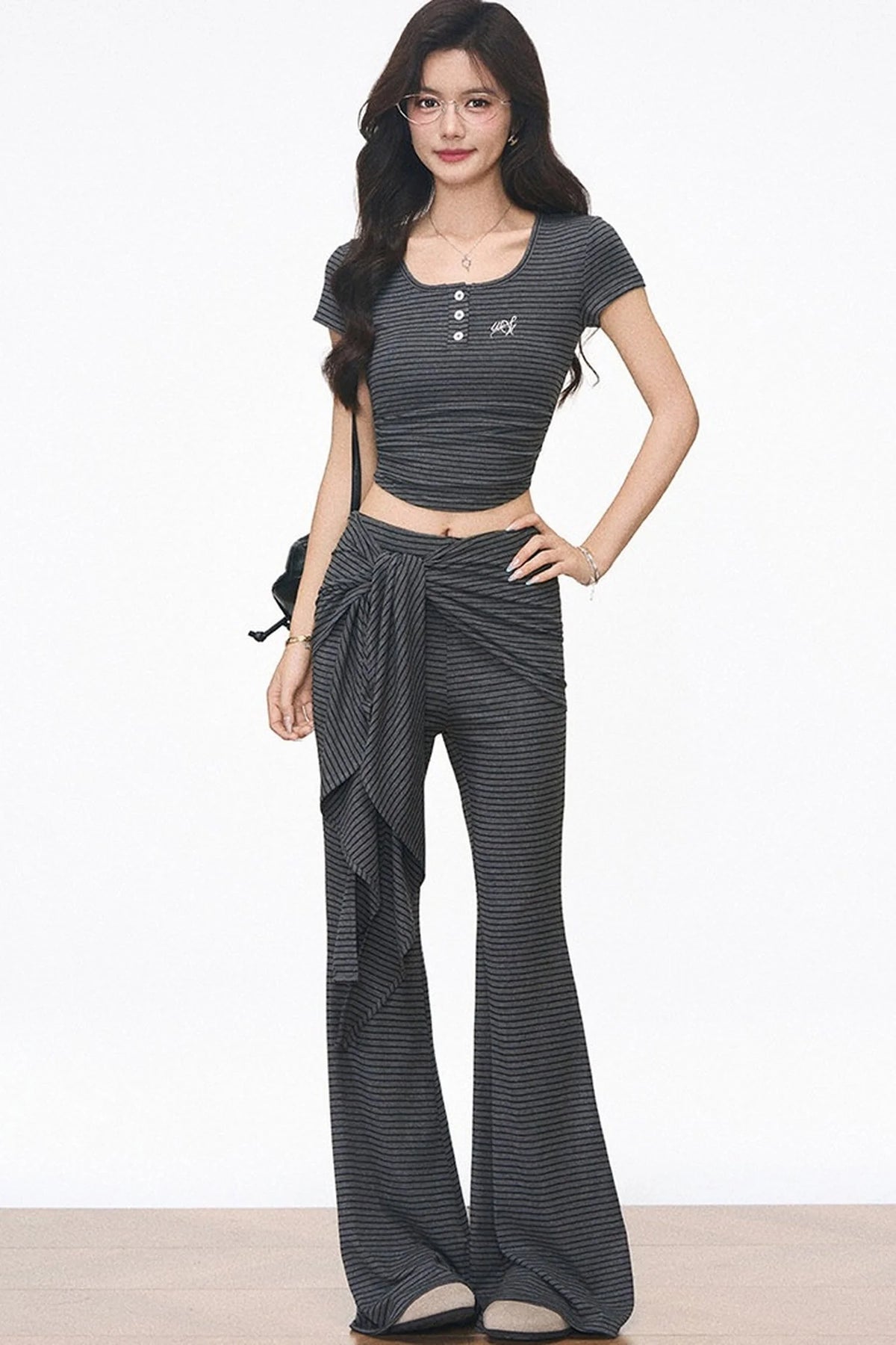 Striped Slim-Fit T-Shirt and Flared Pants Set-Up