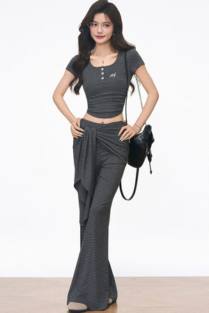 Striped Slim-Fit T-Shirt and Flared Pants Set-Up