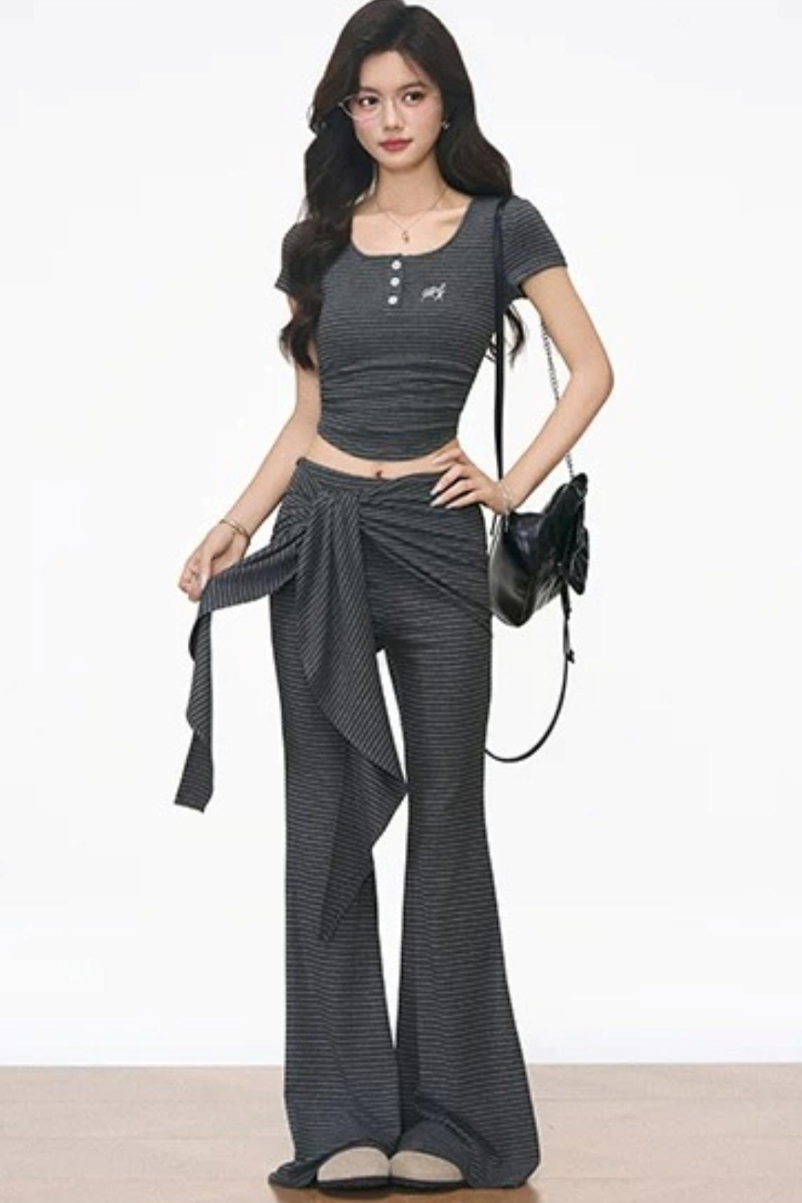 Striped Slim-Fit T-Shirt and Flared Pants Set-Up