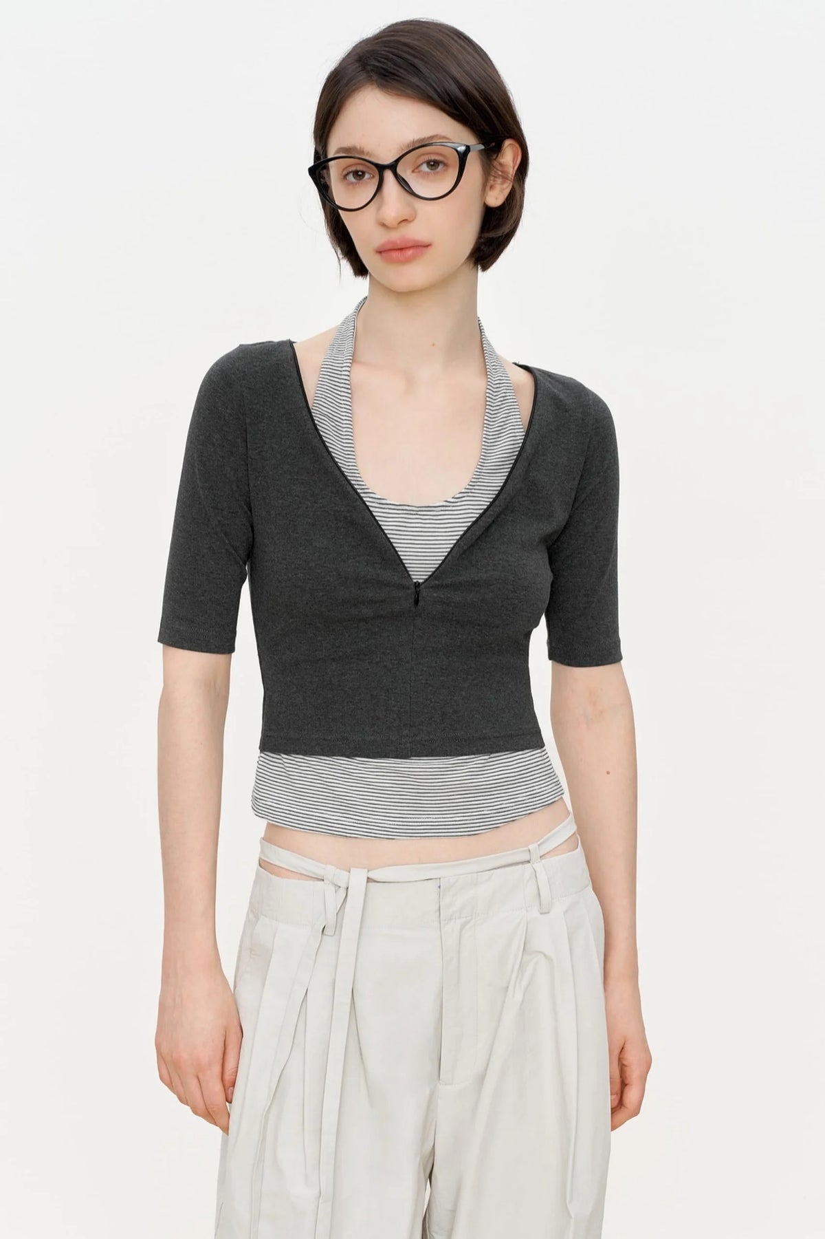 Striped Slim Zipper Tee