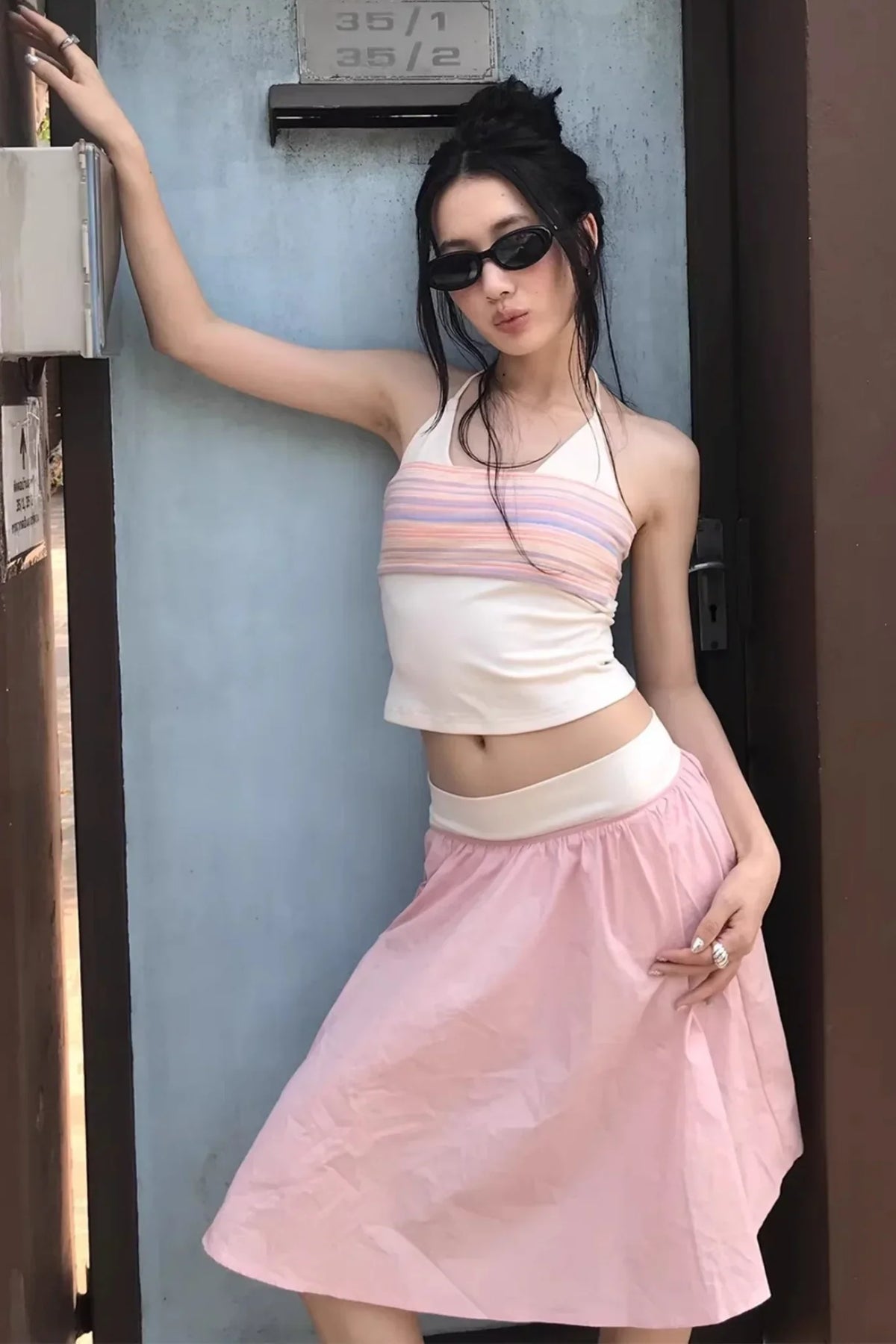 Striped Two-Tone Layered Skirt Set-Up
