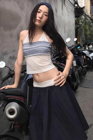 Striped Two-Tone Layered Skirt Set-Up