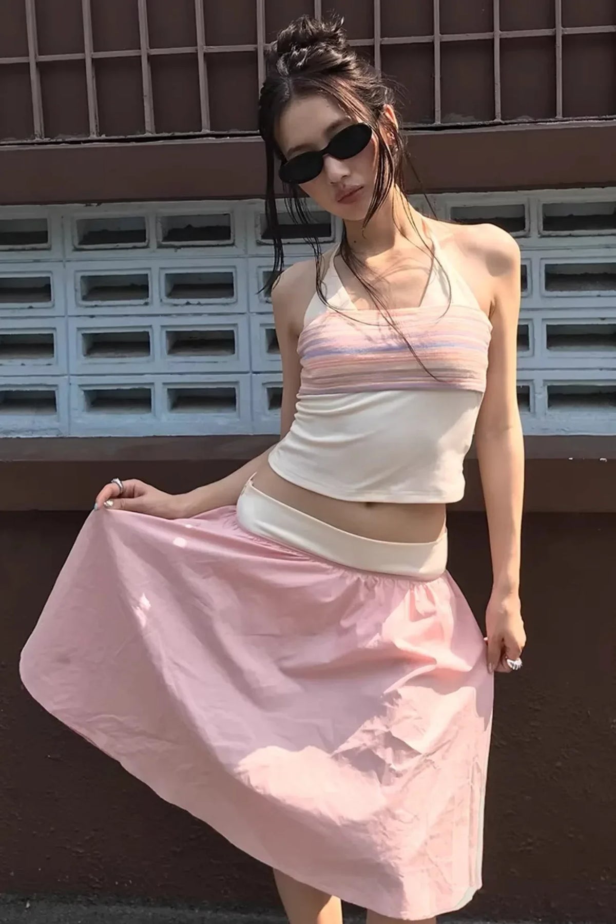 Striped Two-Tone Layered Skirt Set-Up
