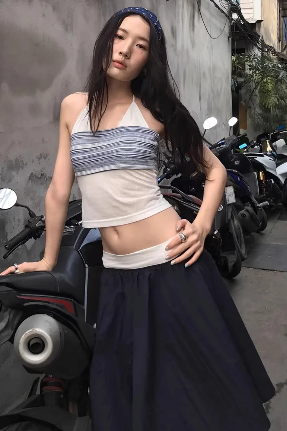 Striped Two-Tone Layered Skirt Set-Up