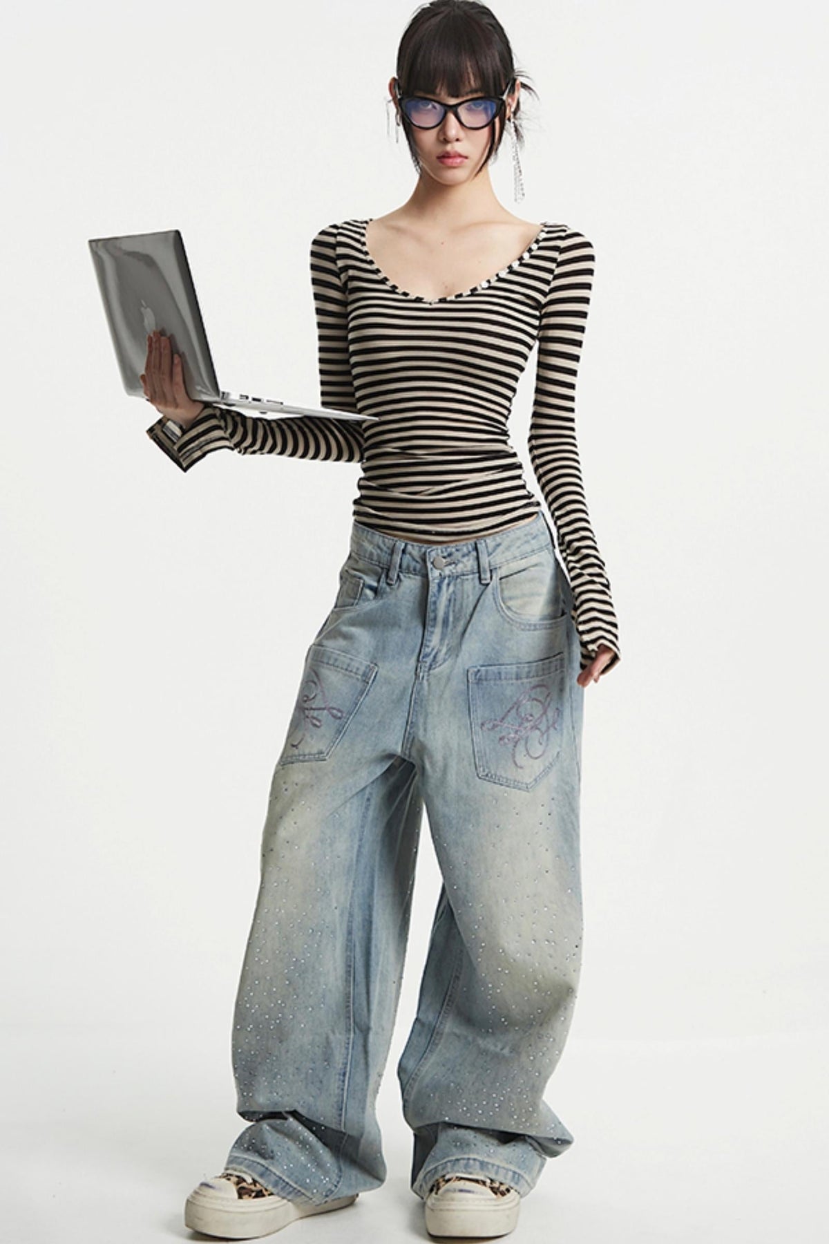 Striped V-Neck Sleeve T-Shirt