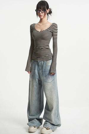 Striped V-Neck Sleeve T-Shirt