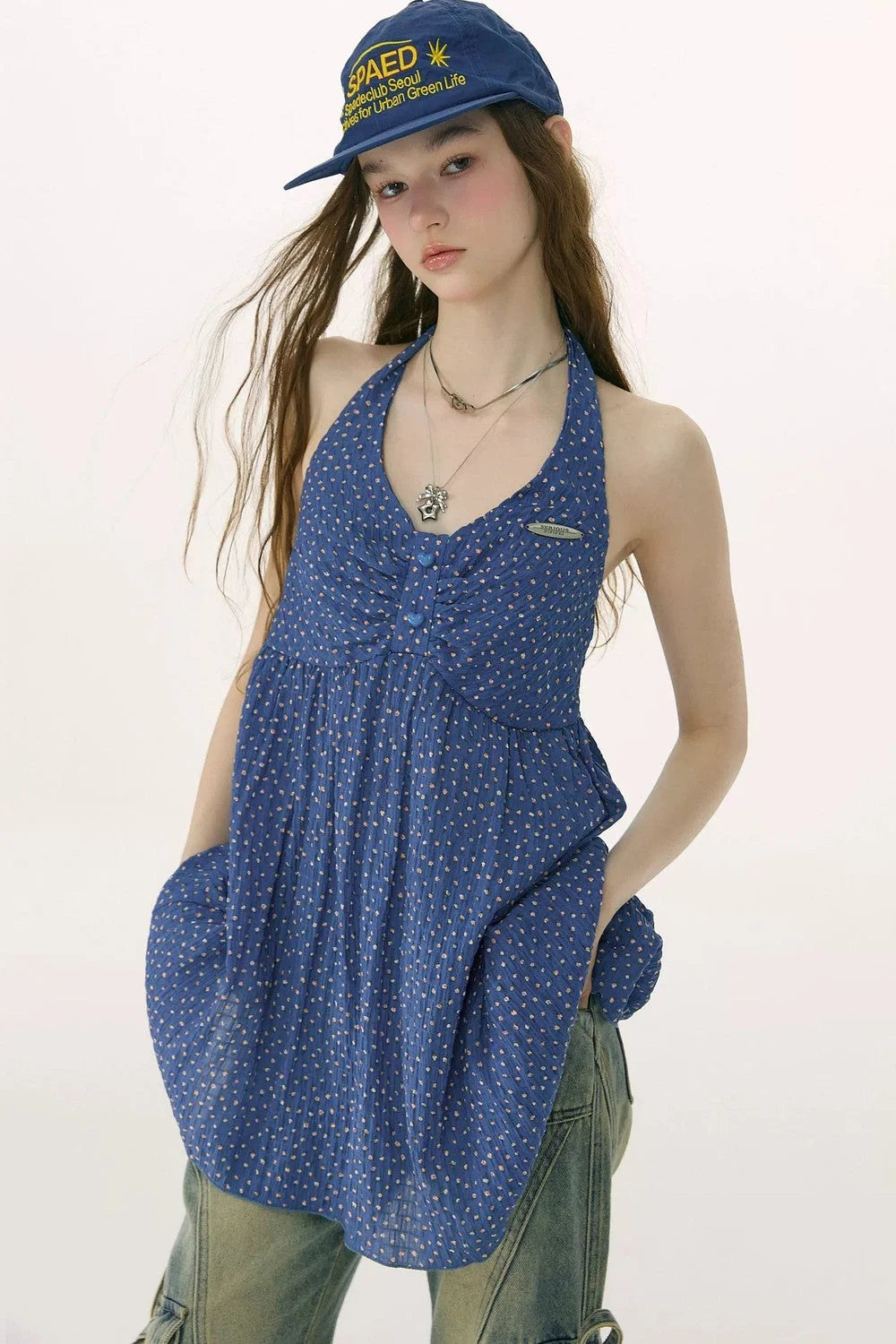 Summer Blue Floral Halter Top