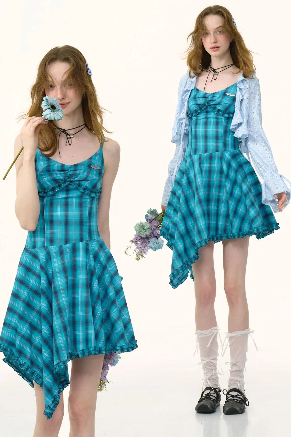 Summer Blue Plaid Halter Dress
