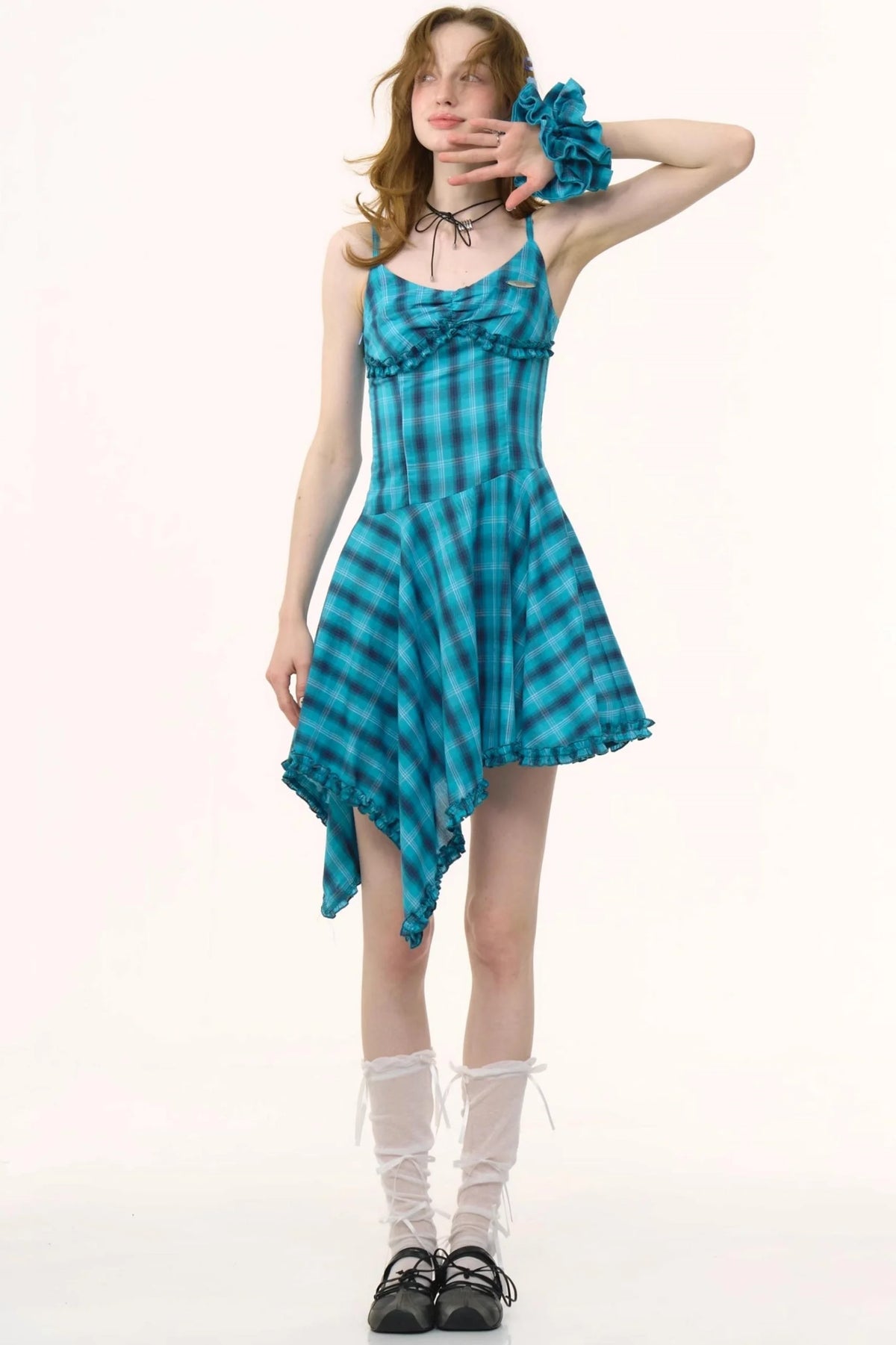 Summer Blue Plaid Halter Dress