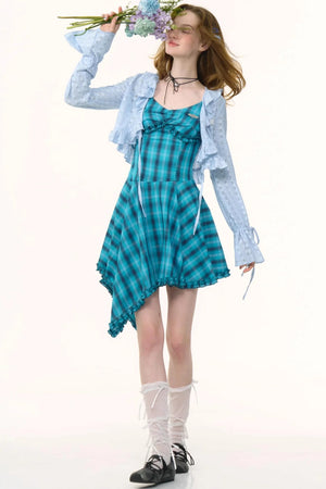 Summer Blue Plaid Halter Dress