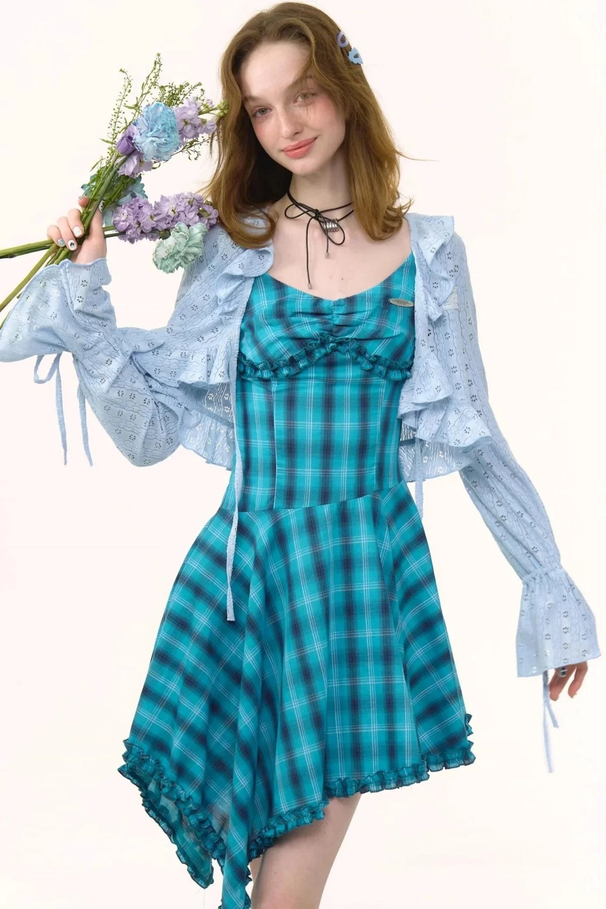 Summer Blue Plaid Halter Dress