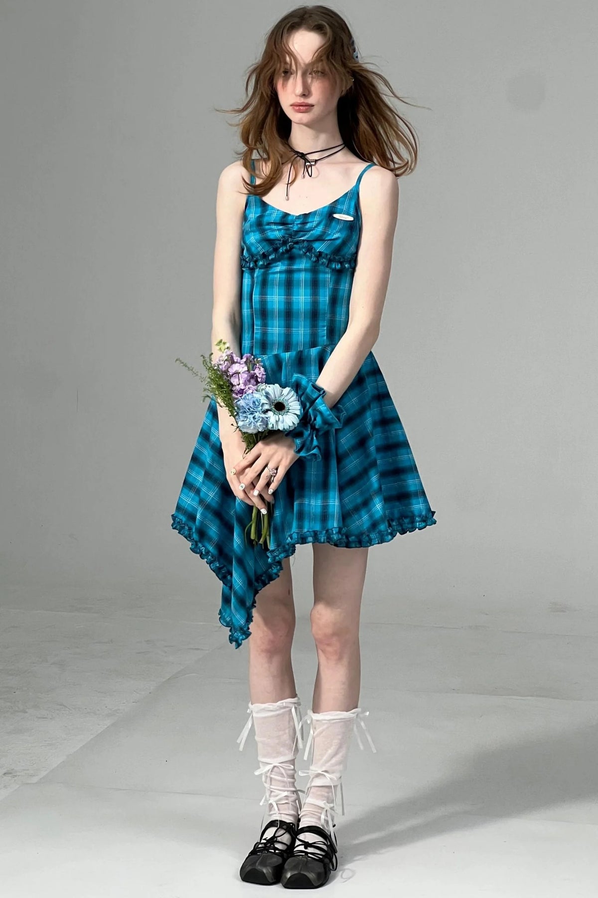 Summer Blue Plaid Halter Dress