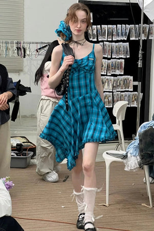 Summer Blue Plaid Halter Dress