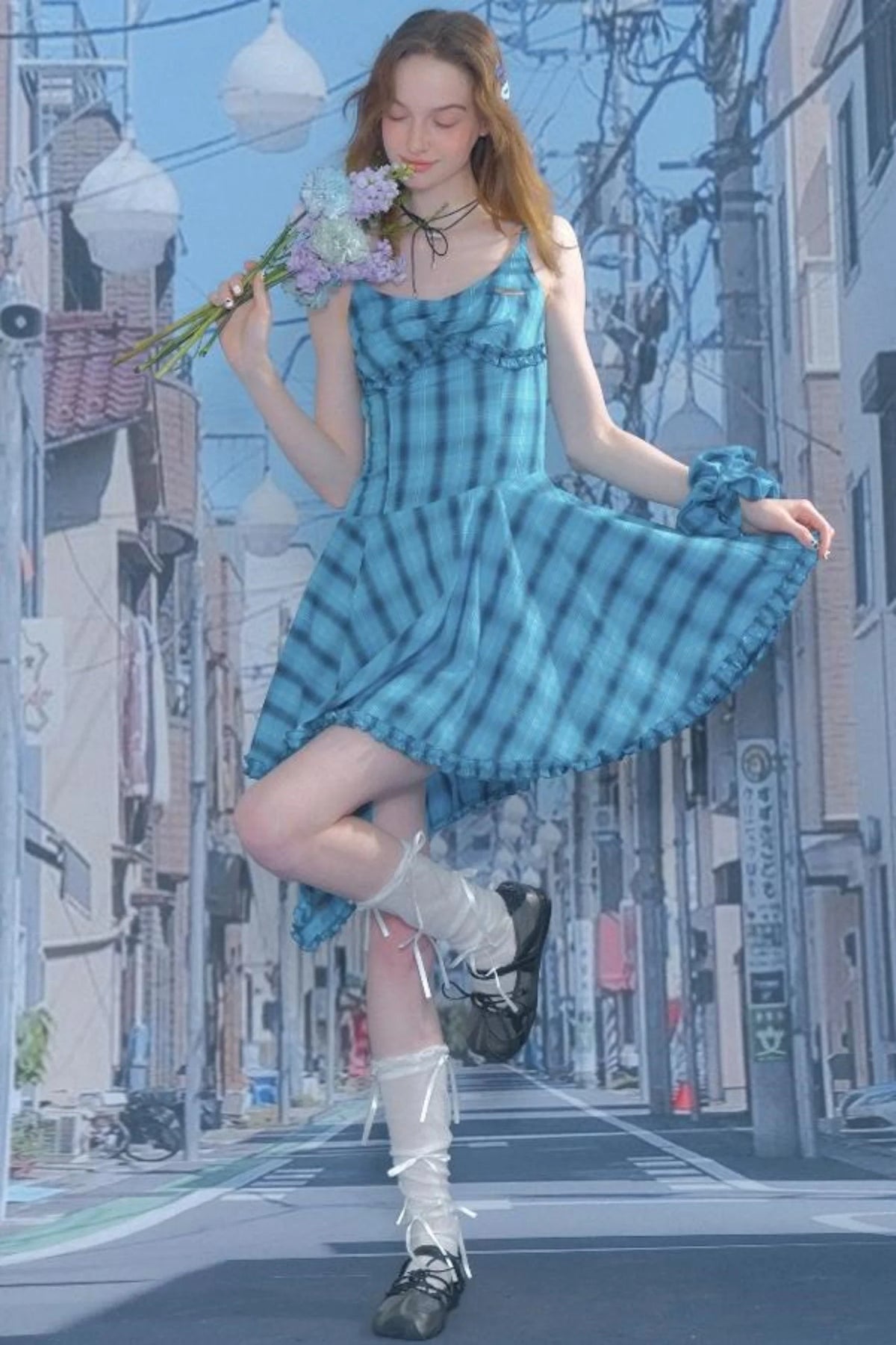 Summer Blue Plaid Halter Dress